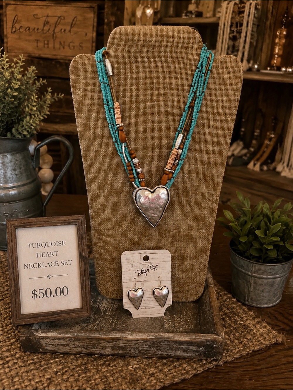 Blazin Roxx Turquoise and Brown Beaded Heart Necklace Set